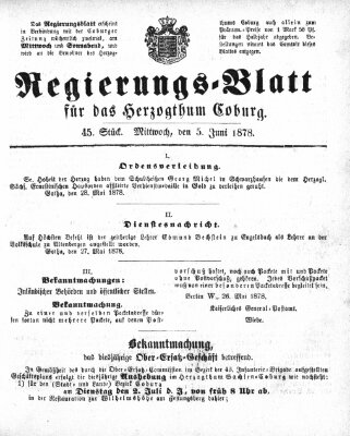 Regierungs-Blatt für das Herzogtum Coburg (Coburger Regierungs-Blatt) Mittwoch 5. Juni 1878