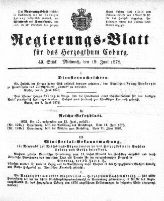 Regierungs-Blatt für das Herzogtum Coburg (Coburger Regierungs-Blatt) Mittwoch 19. Juni 1878