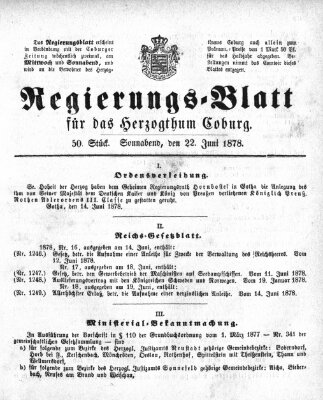 Regierungs-Blatt für das Herzogtum Coburg (Coburger Regierungs-Blatt) Samstag 22. Juni 1878