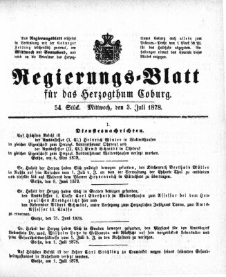 Regierungs-Blatt für das Herzogtum Coburg (Coburger Regierungs-Blatt) Mittwoch 3. Juli 1878