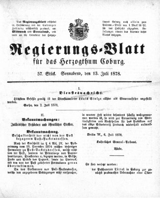 Regierungs-Blatt für das Herzogtum Coburg (Coburger Regierungs-Blatt) Samstag 13. Juli 1878