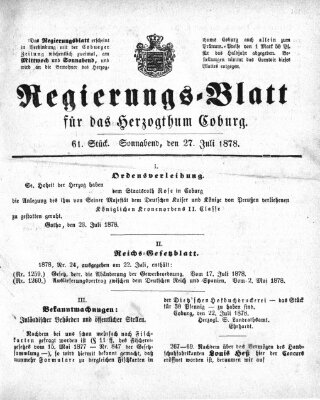 Regierungs-Blatt für das Herzogtum Coburg (Coburger Regierungs-Blatt) Samstag 27. Juli 1878