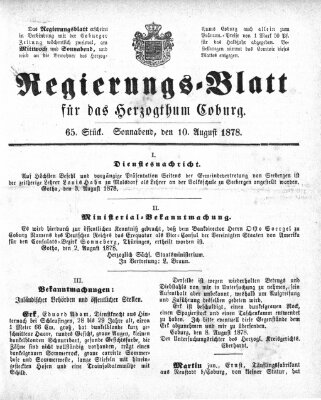 Regierungs-Blatt für das Herzogtum Coburg (Coburger Regierungs-Blatt) Samstag 10. August 1878