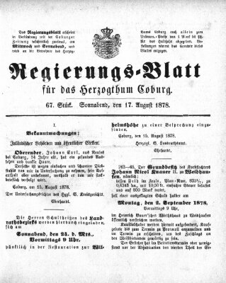 Regierungs-Blatt für das Herzogtum Coburg (Coburger Regierungs-Blatt) Samstag 17. August 1878