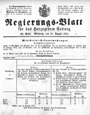 Regierungs-Blatt für das Herzogtum Coburg (Coburger Regierungs-Blatt) Mittwoch 21. August 1878