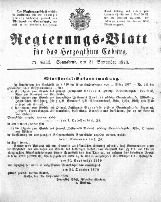 Regierungs-Blatt für das Herzogtum Coburg (Coburger Regierungs-Blatt) Samstag 21. September 1878