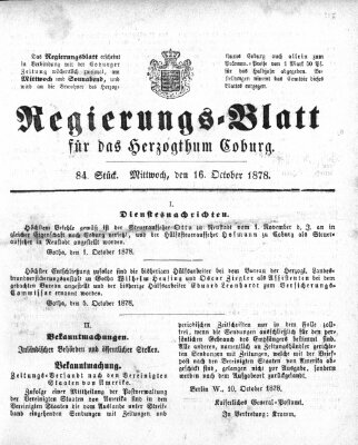 Regierungs-Blatt für das Herzogtum Coburg (Coburger Regierungs-Blatt) Mittwoch 16. Oktober 1878