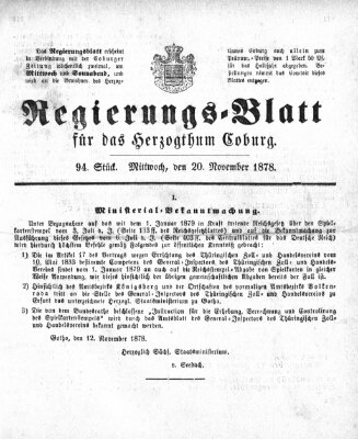 Regierungs-Blatt für das Herzogtum Coburg (Coburger Regierungs-Blatt) Mittwoch 20. November 1878