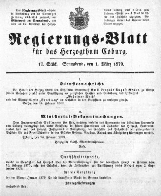 Regierungs-Blatt für das Herzogtum Coburg (Coburger Regierungs-Blatt) Samstag 1. März 1879