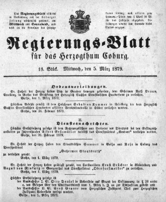 Regierungs-Blatt für das Herzogtum Coburg (Coburger Regierungs-Blatt) Mittwoch 5. März 1879