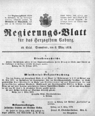 Regierungs-Blatt für das Herzogtum Coburg (Coburger Regierungs-Blatt) Samstag 8. März 1879