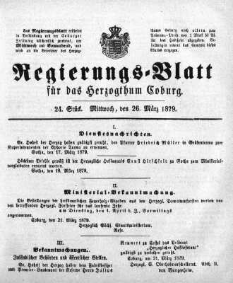 Regierungs-Blatt für das Herzogtum Coburg (Coburger Regierungs-Blatt) Mittwoch 26. März 1879