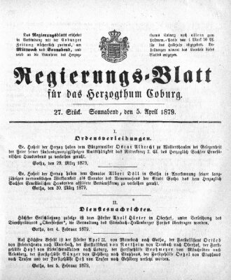 Regierungs-Blatt für das Herzogtum Coburg (Coburger Regierungs-Blatt) Samstag 5. April 1879