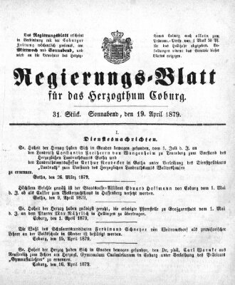 Regierungs-Blatt für das Herzogtum Coburg (Coburger Regierungs-Blatt) Samstag 19. April 1879