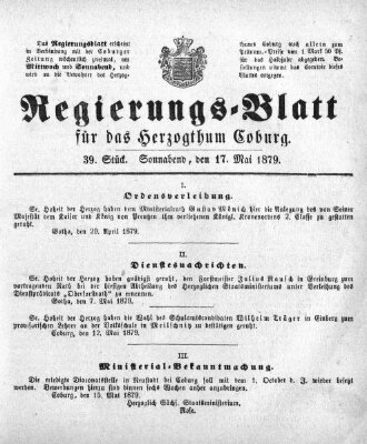 Regierungs-Blatt für das Herzogtum Coburg (Coburger Regierungs-Blatt) Samstag 17. Mai 1879