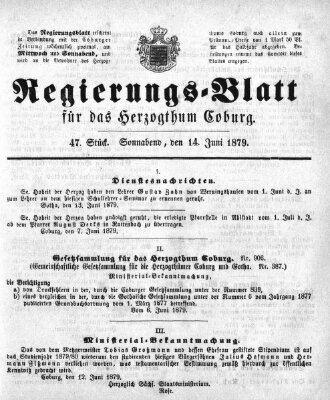 Regierungs-Blatt für das Herzogtum Coburg (Coburger Regierungs-Blatt) Samstag 14. Juni 1879