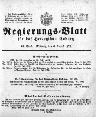 Regierungs-Blatt für das Herzogtum Coburg (Coburger Regierungs-Blatt) Mittwoch 6. August 1879