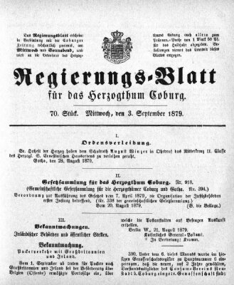 Regierungs-Blatt für das Herzogtum Coburg (Coburger Regierungs-Blatt) Mittwoch 3. September 1879