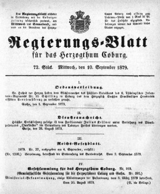 Regierungs-Blatt für das Herzogtum Coburg (Coburger Regierungs-Blatt) Mittwoch 10. September 1879