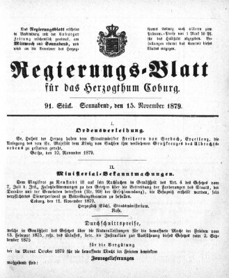 Regierungs-Blatt für das Herzogtum Coburg (Coburger Regierungs-Blatt) Samstag 15. November 1879