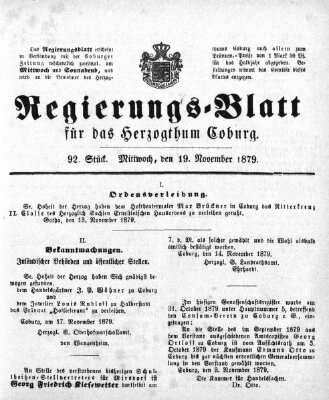 Regierungs-Blatt für das Herzogtum Coburg (Coburger Regierungs-Blatt) Mittwoch 19. November 1879