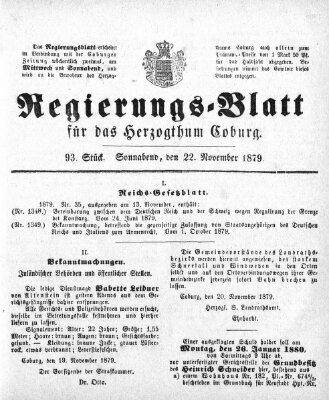 Regierungs-Blatt für das Herzogtum Coburg (Coburger Regierungs-Blatt) Samstag 22. November 1879