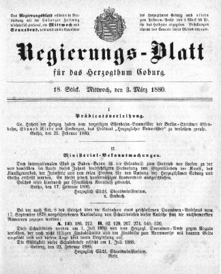 Regierungs-Blatt für das Herzogtum Coburg (Coburger Regierungs-Blatt) Mittwoch 3. März 1880