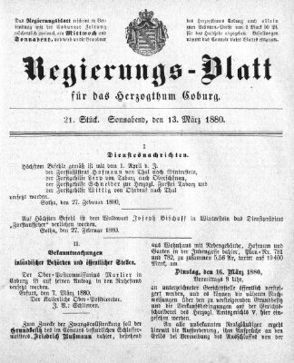 Regierungs-Blatt für das Herzogtum Coburg (Coburger Regierungs-Blatt) Samstag 13. März 1880