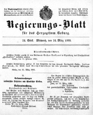 Regierungs-Blatt für das Herzogtum Coburg (Coburger Regierungs-Blatt) Mittwoch 24. März 1880