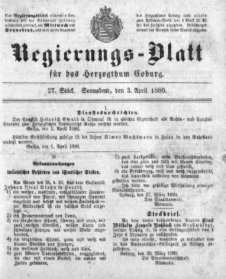 Regierungs-Blatt für das Herzogtum Coburg (Coburger Regierungs-Blatt) Samstag 3. April 1880