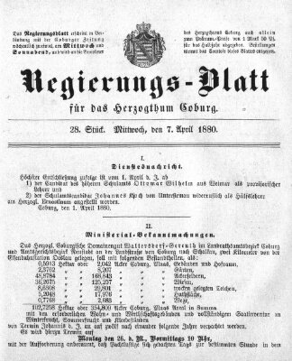 Regierungs-Blatt für das Herzogtum Coburg (Coburger Regierungs-Blatt) Mittwoch 7. April 1880