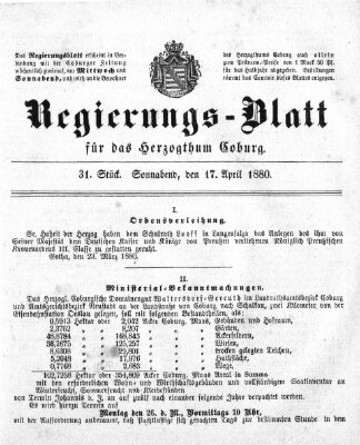 Regierungs-Blatt für das Herzogtum Coburg (Coburger Regierungs-Blatt) Samstag 17. April 1880