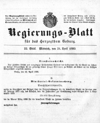 Regierungs-Blatt für das Herzogtum Coburg (Coburger Regierungs-Blatt) Mittwoch 21. April 1880