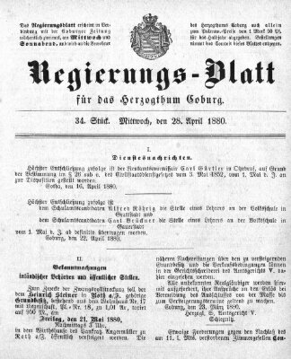 Regierungs-Blatt für das Herzogtum Coburg (Coburger Regierungs-Blatt) Mittwoch 28. April 1880