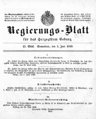 Regierungs-Blatt für das Herzogtum Coburg (Coburger Regierungs-Blatt) Samstag 5. Juni 1880