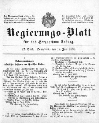 Regierungs-Blatt für das Herzogtum Coburg (Coburger Regierungs-Blatt) Samstag 12. Juni 1880