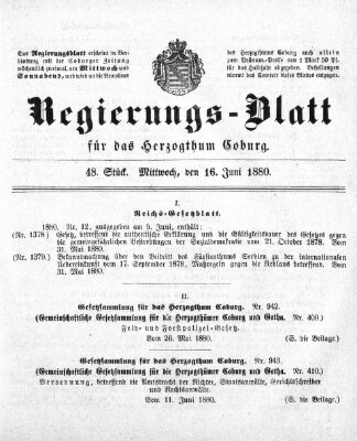 Regierungs-Blatt für das Herzogtum Coburg (Coburger Regierungs-Blatt) Mittwoch 16. Juni 1880