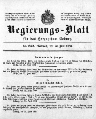 Regierungs-Blatt für das Herzogtum Coburg (Coburger Regierungs-Blatt) Mittwoch 23. Juni 1880