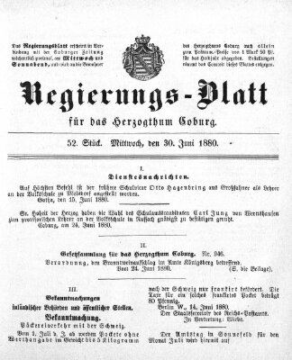 Regierungs-Blatt für das Herzogtum Coburg (Coburger Regierungs-Blatt) Mittwoch 30. Juni 1880