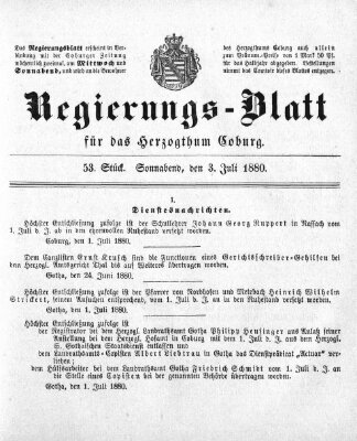 Regierungs-Blatt für das Herzogtum Coburg (Coburger Regierungs-Blatt) Samstag 3. Juli 1880