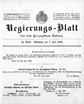 Regierungs-Blatt für das Herzogtum Coburg (Coburger Regierungs-Blatt) Mittwoch 7. Juli 1880