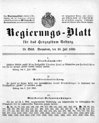 Regierungs-Blatt für das Herzogtum Coburg (Coburger Regierungs-Blatt) Samstag 10. Juli 1880