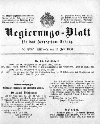 Regierungs-Blatt für das Herzogtum Coburg (Coburger Regierungs-Blatt) Mittwoch 14. Juli 1880