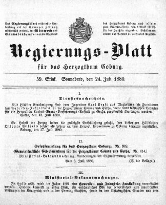 Regierungs-Blatt für das Herzogtum Coburg (Coburger Regierungs-Blatt) Samstag 24. Juli 1880