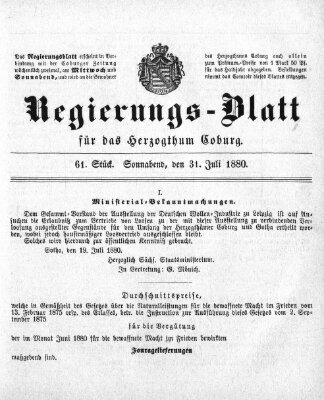 Regierungs-Blatt für das Herzogtum Coburg (Coburger Regierungs-Blatt) Samstag 31. Juli 1880