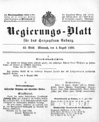 Regierungs-Blatt für das Herzogtum Coburg (Coburger Regierungs-Blatt) Mittwoch 4. August 1880