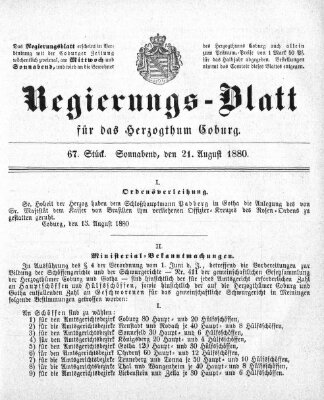 Regierungs-Blatt für das Herzogtum Coburg (Coburger Regierungs-Blatt) Samstag 21. August 1880