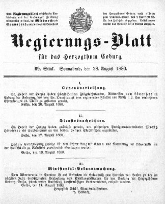 Regierungs-Blatt für das Herzogtum Coburg (Coburger Regierungs-Blatt) Samstag 28. August 1880