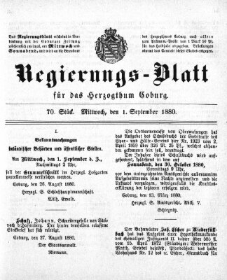 Regierungs-Blatt für das Herzogtum Coburg (Coburger Regierungs-Blatt) Mittwoch 1. September 1880