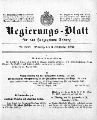 Regierungs-Blatt für das Herzogtum Coburg (Coburger Regierungs-Blatt) Mittwoch 8. September 1880